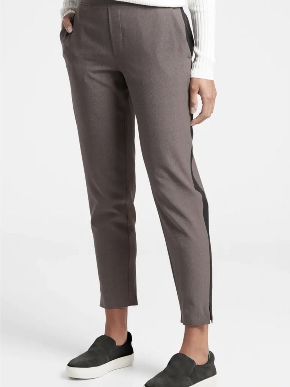 Athleta Cropped Tailored Pants with Black Side Stripe - Taupe